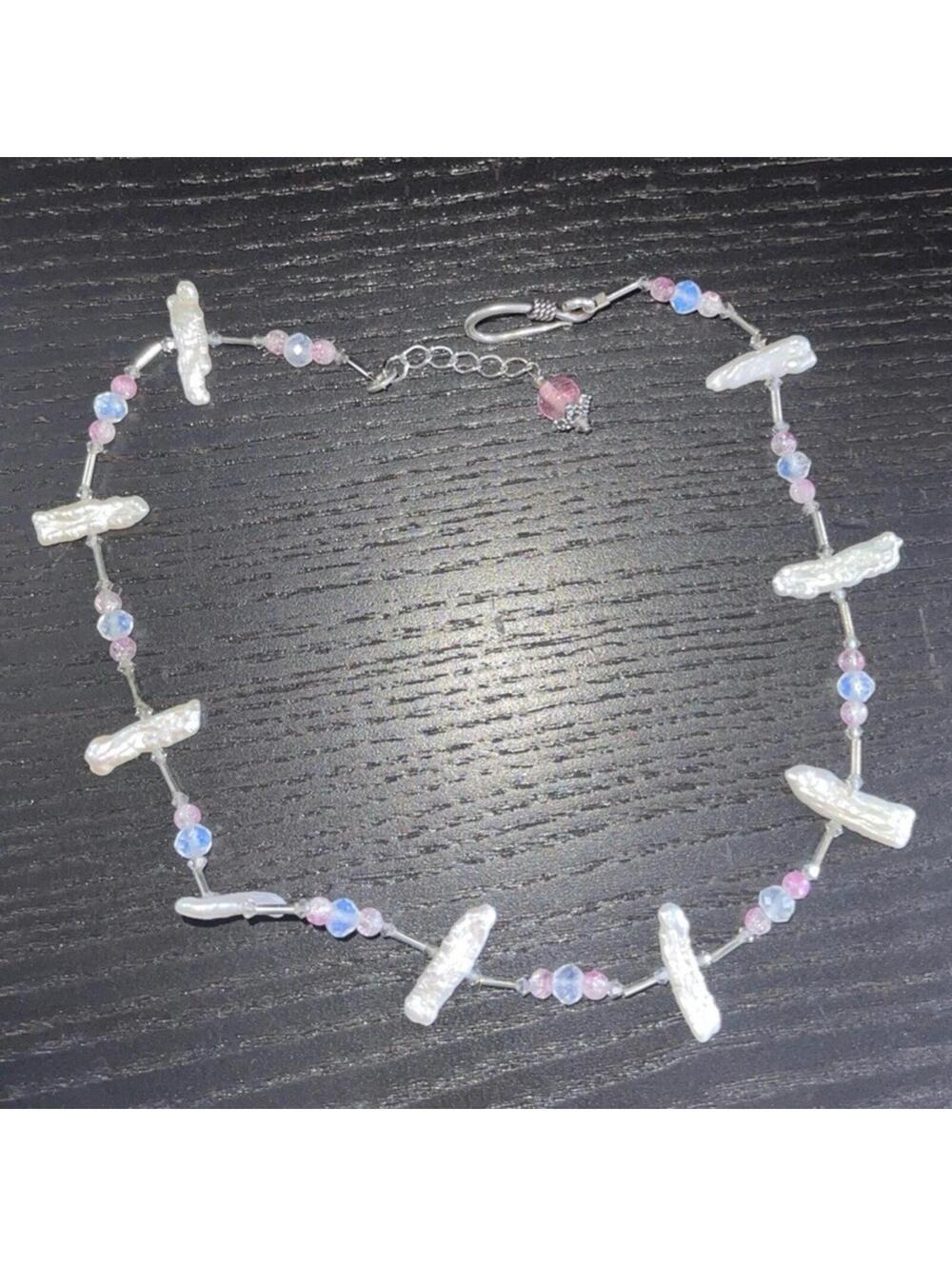 Vintage Sterling Silver Freshwater Pearl Necklace Pink Blue Beads